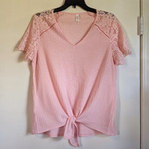L Love Knot Front Waffle Knit Pink V-Neck Blouse with Lace Short Sleeves Large
